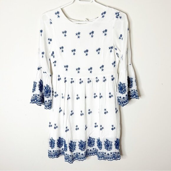 LULUS With a Whisper Blue and Ivory Embroidered Dress 3/4 Sleeve Boho Chic XS - Picture 5 of 16